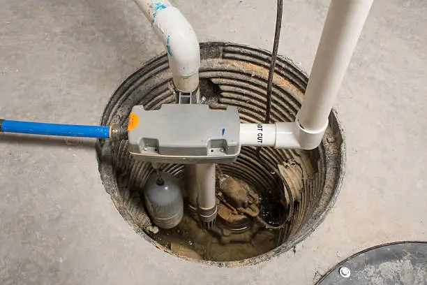 Sump pump installation with discharge line and check valve protecting Connecticut basement from flooding