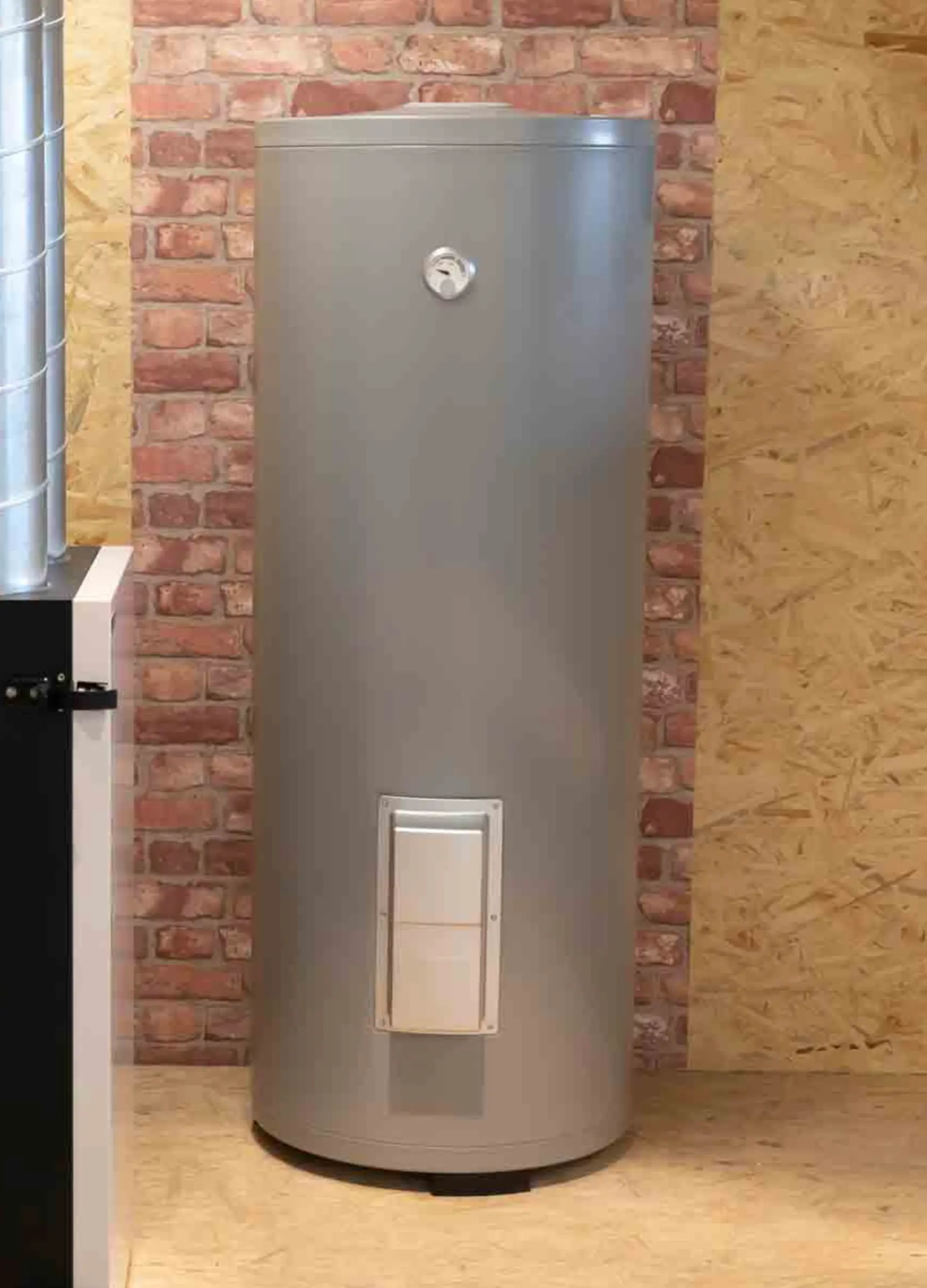 Bradford White commercial water heater with proper venting and gas connections